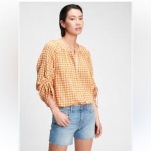 NWOT GAP Yellow Gingham Shirred Sleeve Prairie Cottagecore Top Size Medium